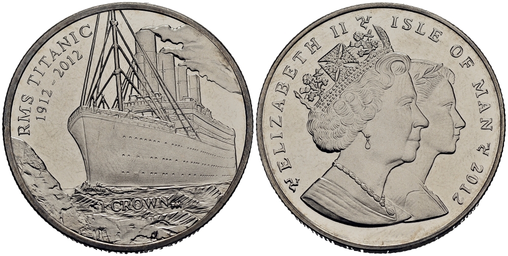 Остров Мэн 1 крона 2012 100 лет со дня гибели Титаника, встреча с айсбергом KM 1483 медно-никель UNC 00-00