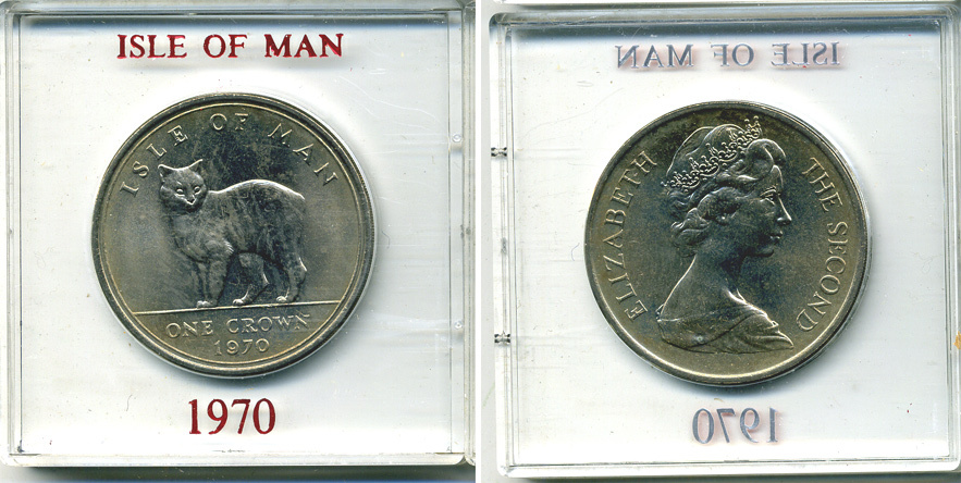 Остров Мэн 1 крона 1970 кошка Мэна, в оригинальной пластиковой коробке KM 18 медно-никель UNC 6-6-1-28