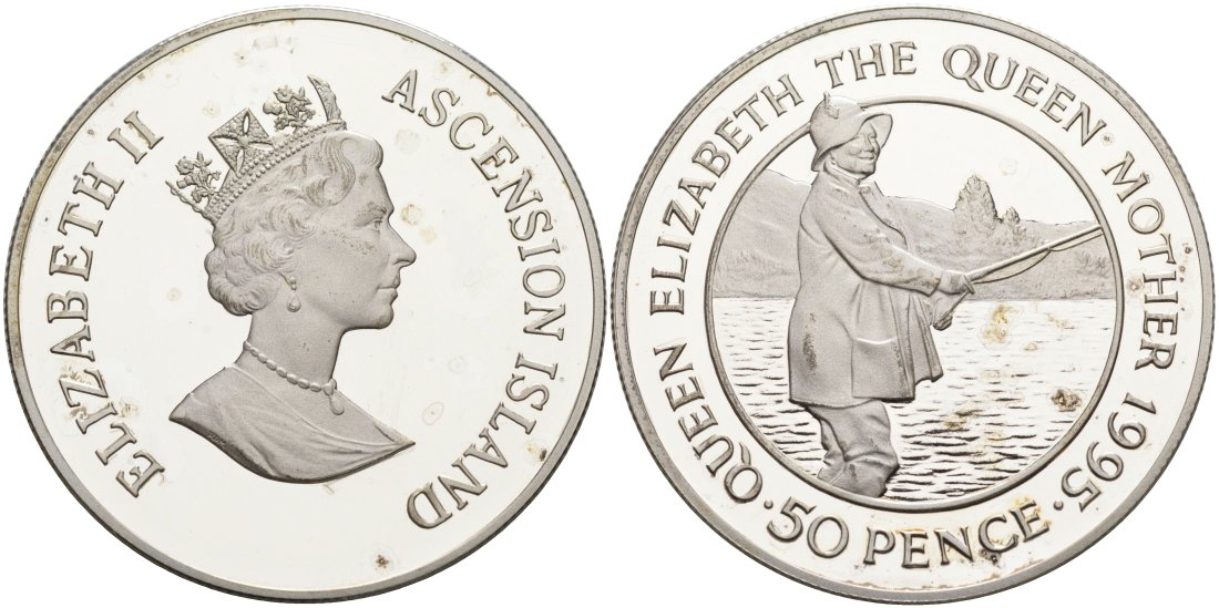 Остров Вознесения 50 пенсов 1995 95 лет со дня рождения Королевы Матери, на рыбалке, вес 56,36 гр., пьедфорт, тираж 500 экземпляров KM P1 серебро PROOF 11-080-41