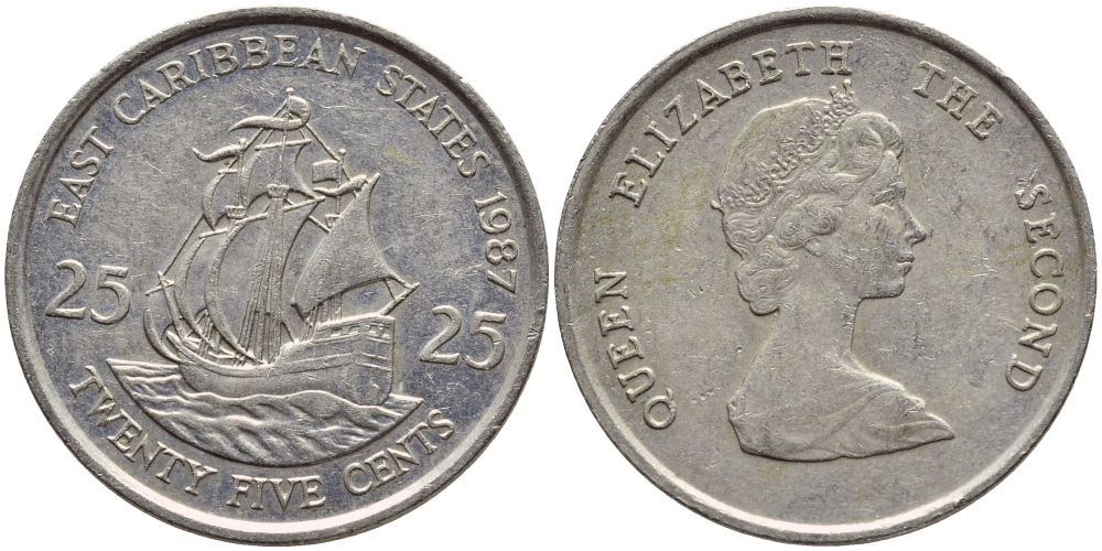 Восточно-Карибские штаты 25 центов 1987 Елизавета II (1952-2022), парусник KM 14 медно-никель 87-832