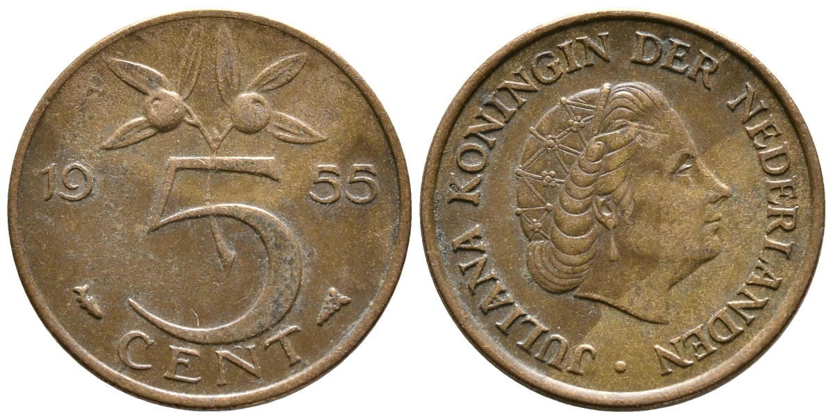 НИДЕРЛАНДЫ 5 ЦЕНТОВ 1955 ЮЛИАНА KM 181 бронза 3999-217