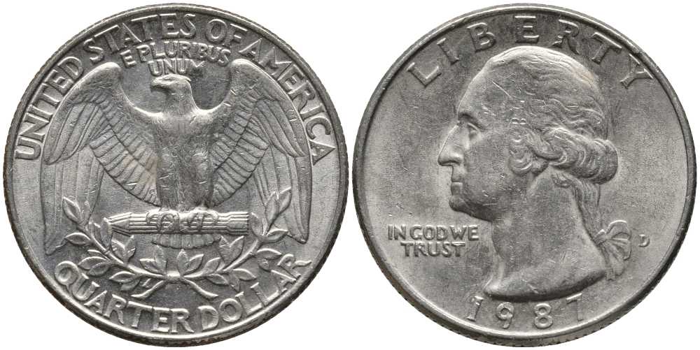 США 25 ЦЕНТОВ = КВОТЕР 1987 D, ВАШИНГТОН KM А164а медь плакированная медно-никелем 113-533