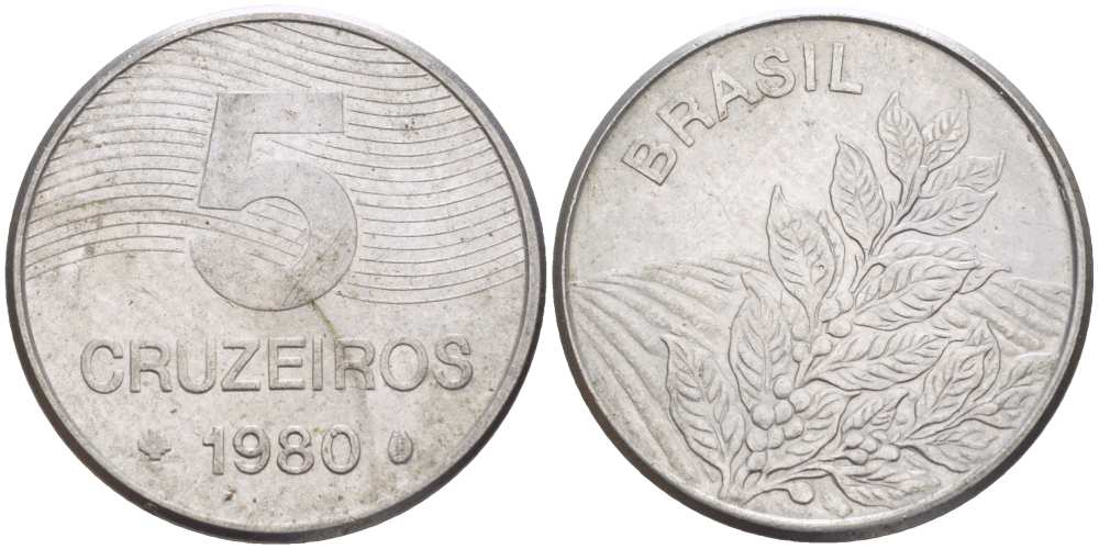 БРАЗИЛИЯ 5 КРУЗЕЙРО 1980 РЕФОРМА 1967-1985, КОФЕ KM 591 нержавеющая сталь 4385-454