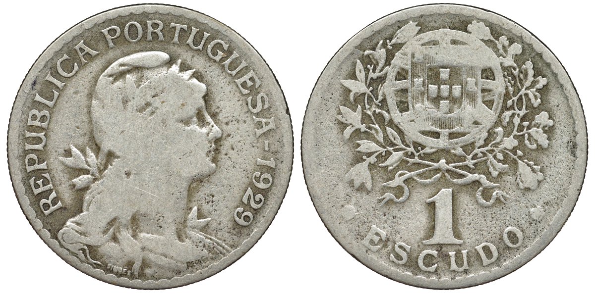 Португалия 1 эскудо 1929 KM 578 медно-никель 4165-931