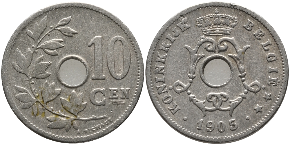 БЕЛЬГИЯ 10 САНТИМОВ 1905 BELGIE KM 53 медно-никель 4364-211