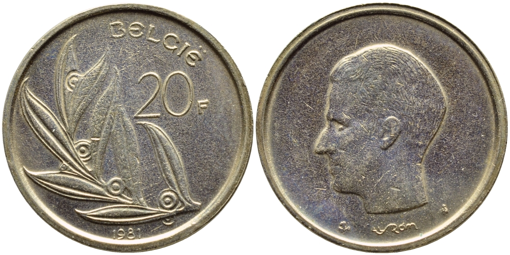 БЕЛЬГИЯ 20 ФРАНКОВ 1981 BELGIE KM 160 никель бронза 75-732