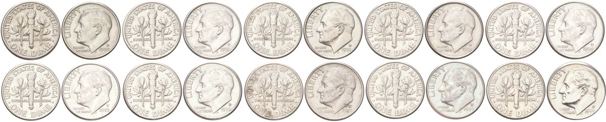 США набор из 10 монет (полная погодовка десятилетия, 10 центов = 1 дайм) 1990-1999 D, Рузвельт KM 195a медь плакированная медно-никелем aUNC-UNC 4613-1261-1269