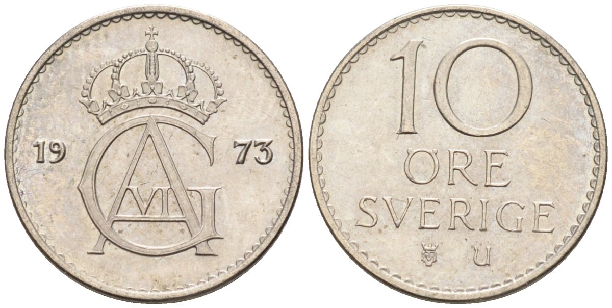 Швеция 10 эре 1973 Густав VI Адольф (1950-1973) KM 835 медно-никель 4585-414