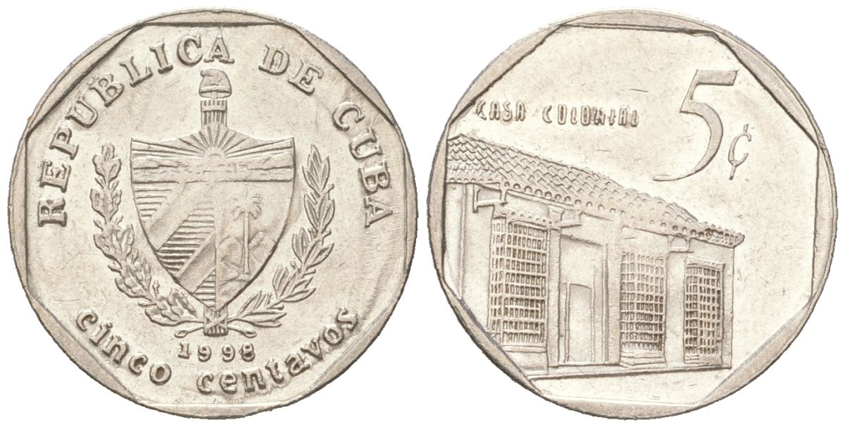 Куба 5 сентаво 1998 KM 575.2, Schoen 713, JMA MC19 сталь плакированная никелем 4611-452