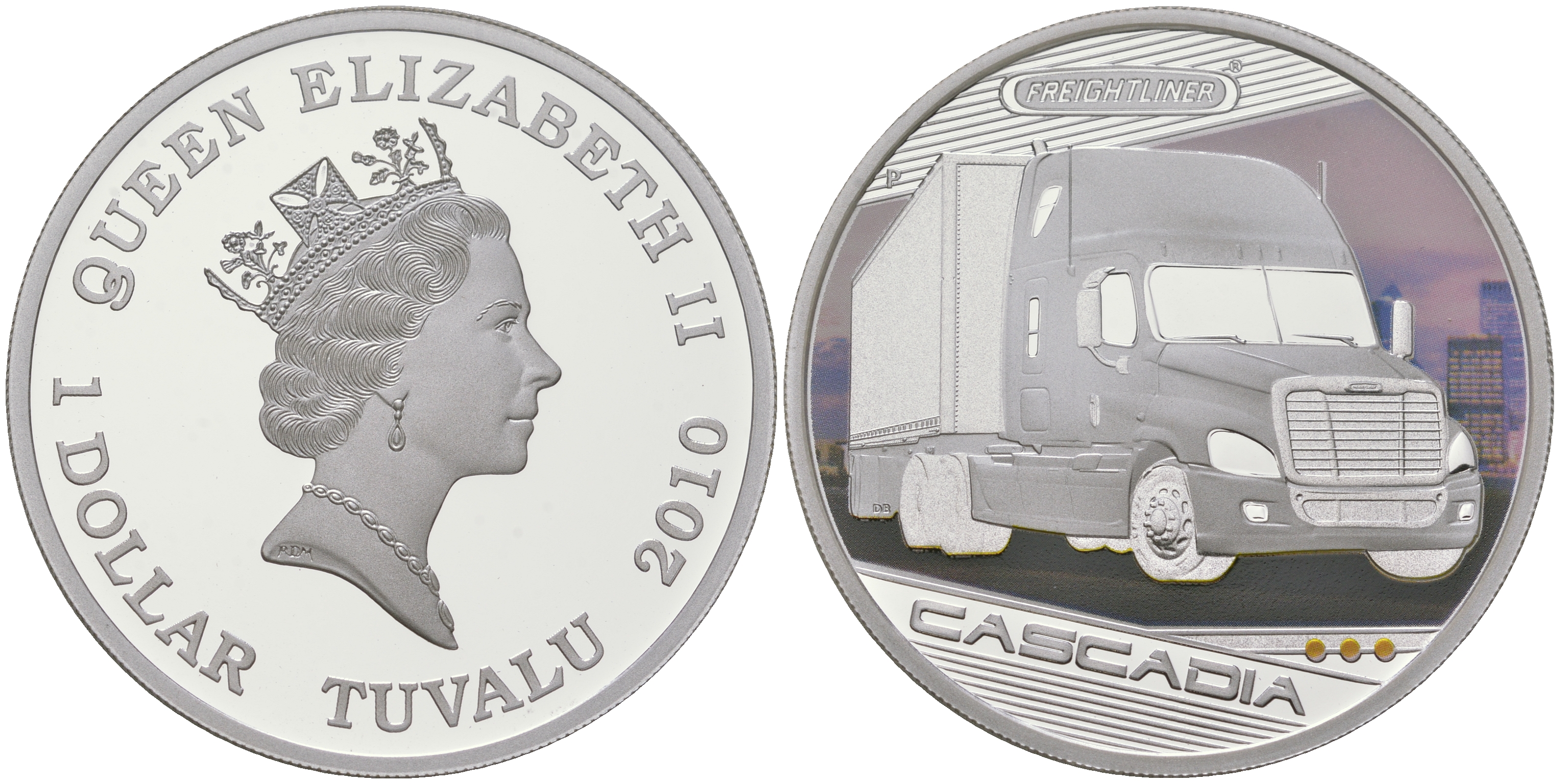 Тувалу 1 доллар 2010 серия грузовые автомобили, короли дорог, Freightliner Cascadia, цветная термопечать KM 140 серебро  PROOF  1091-5-54