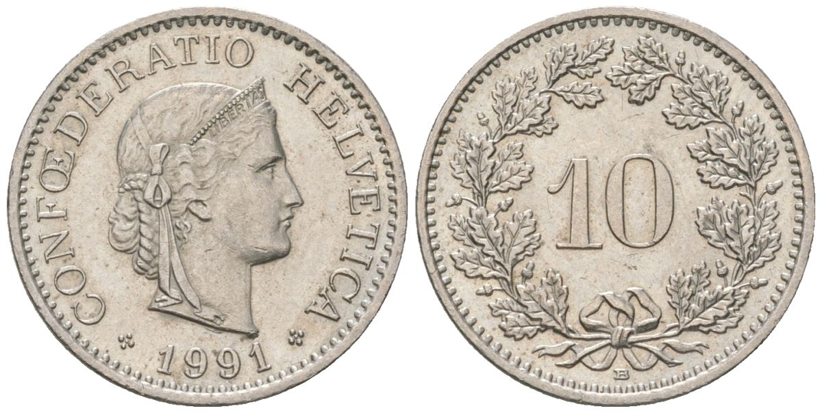 Швейцария 10 раппенов 1991 B KM 27 медно-никель 220-952