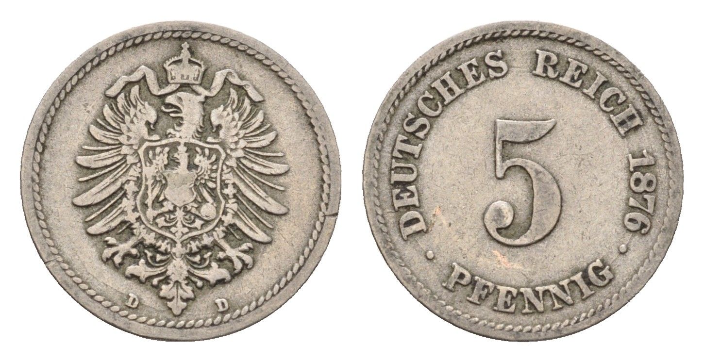 Германия 5 пфеннигов 1876 D, Вильгельм I (1871-1888) KM 3, J. 3 медно-никель 4632-638