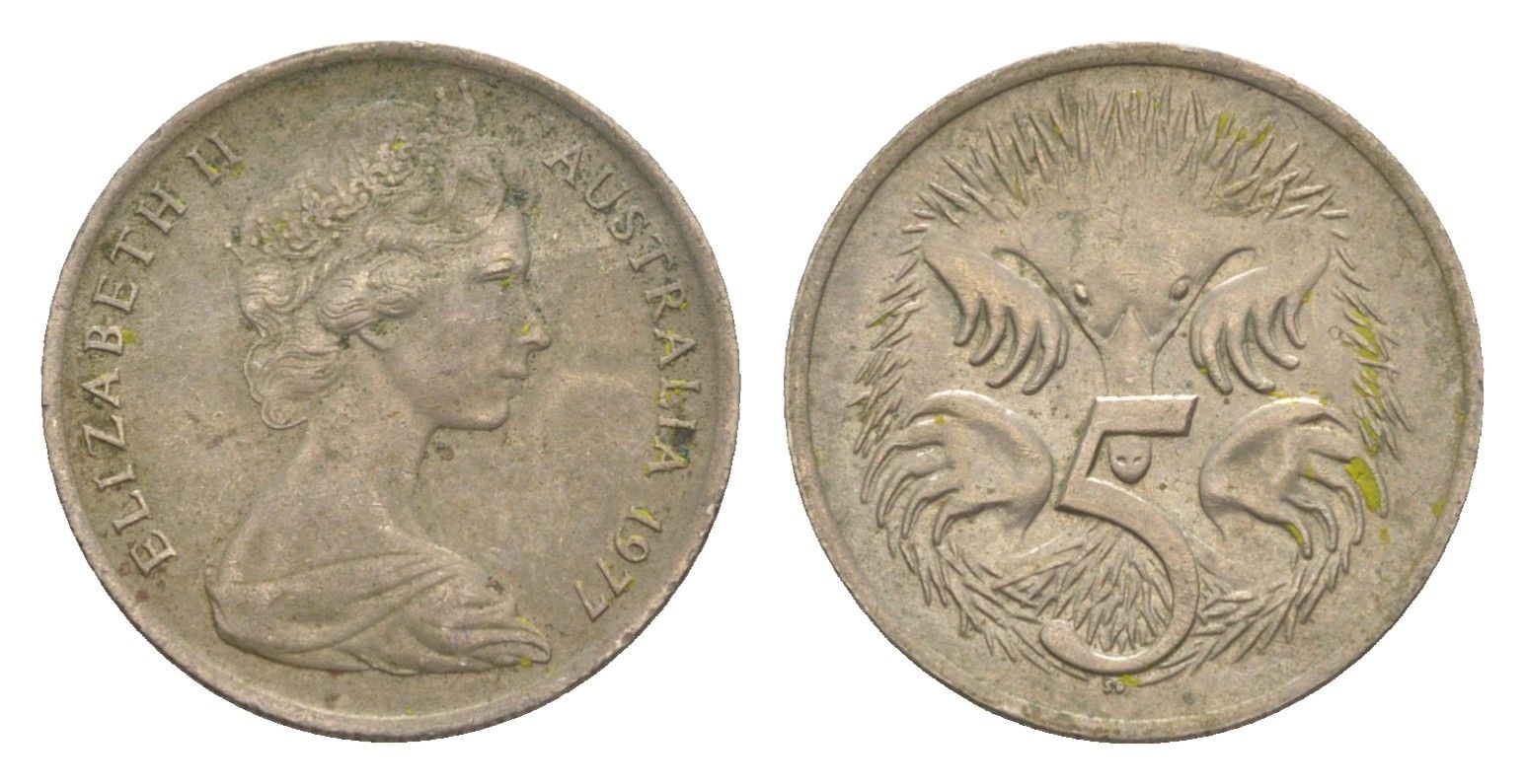 Австралия 5 центов 1977 Елизавета II (1952-2022) молодой портрет, ехидна KM 64 медно-никель 4152-251