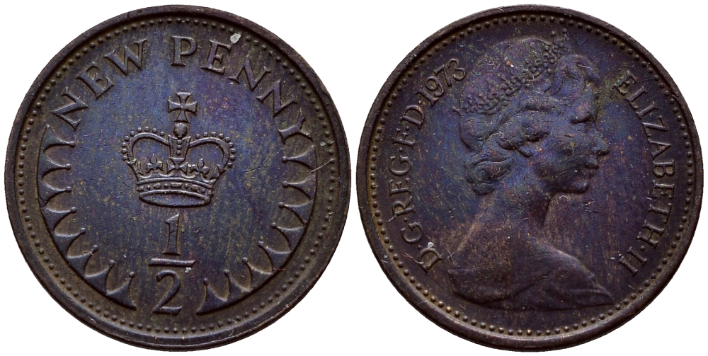 Великобритания 1/2 пенни 1973 Елизавета II (1952-2022) KM 914, Spink 4239 бронза 4396-126