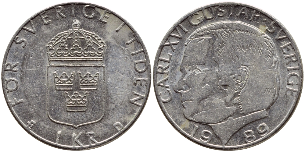 Швеция 1 крона 1989 Карл XVI Густав (1973- ) KM 852a медно-никель 4397-1252