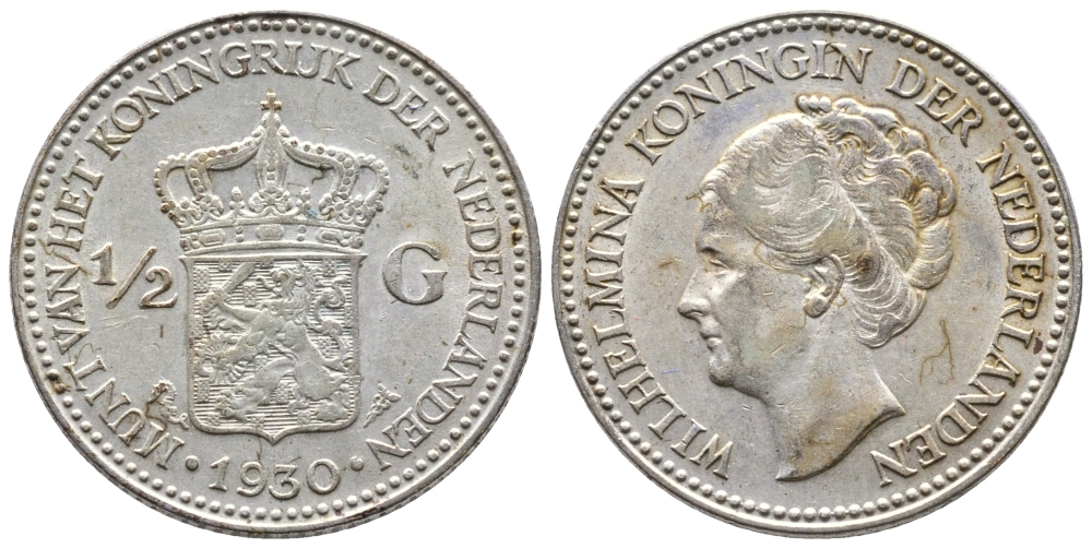 Нидерланды 1/2 гульдена 1930 Вильгельмина I (1890-1948) KM 160 серебро 177-813