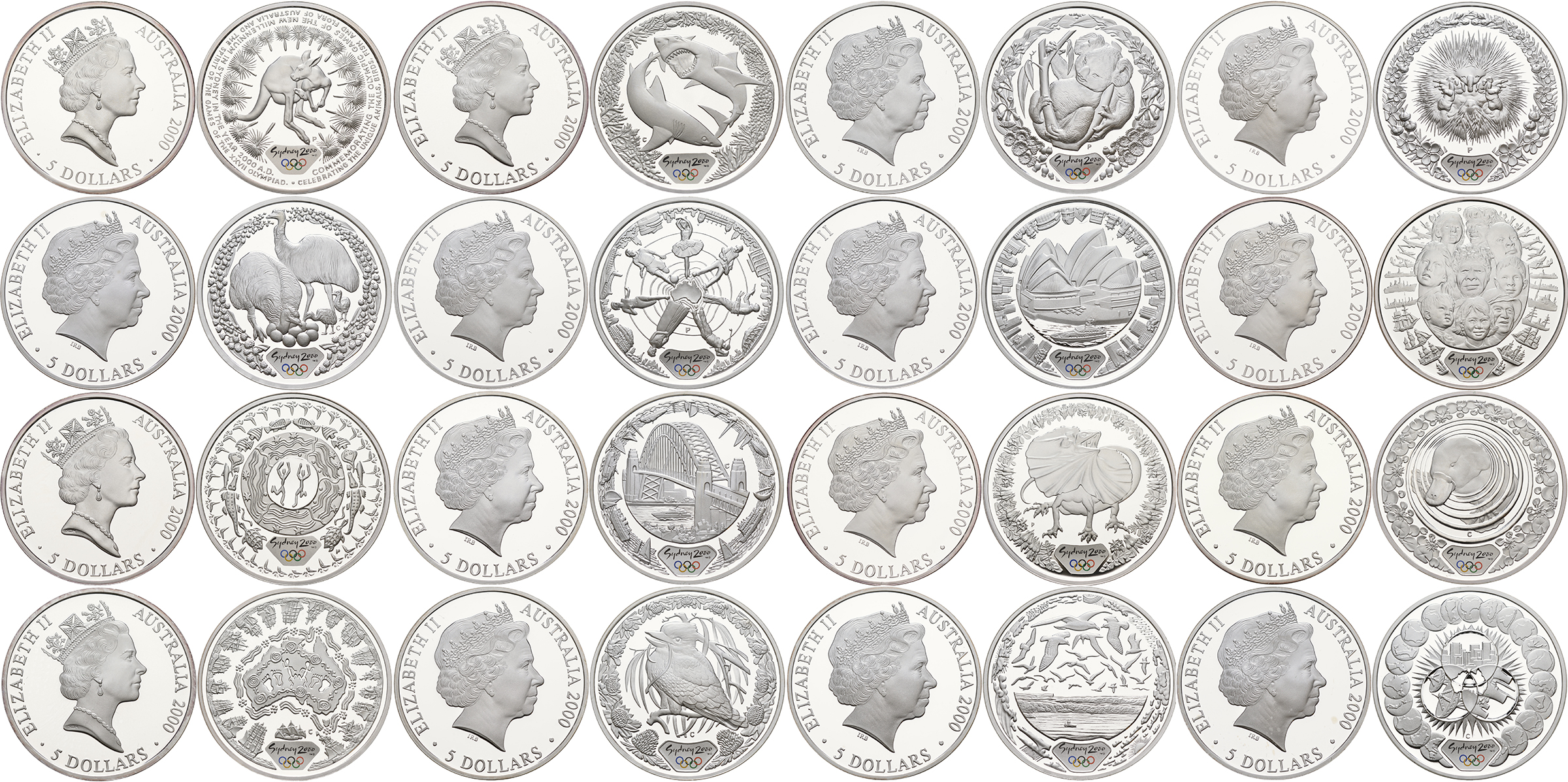 Австралия набор из 16 монет по 5 долларов 2000 XXVII летние Олимпийские игры 2000 года в Сиднее полный набор, в оригинальной деревянной коробке, с сертификатами серебро PROOF 00-000-00