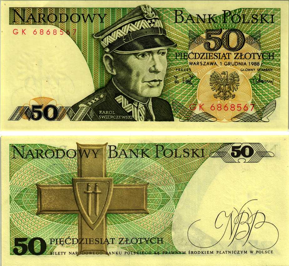 Польша 50 злотых 1988 Кароль Сверчевский, знак Грюнвальдского ордена Pick 142 c бумага UNC (пресс) 8607-85-1-1