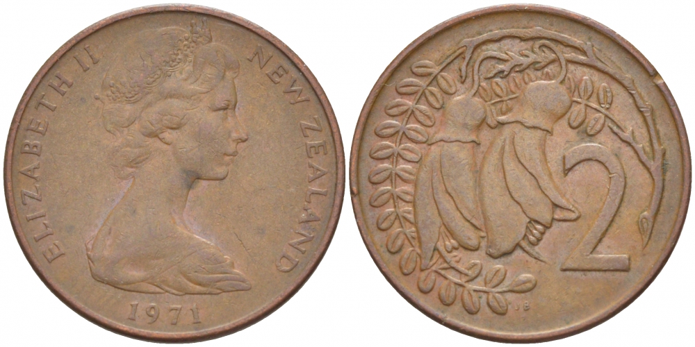 Новая Зеландия 2 цента 1971 Елизавета II (1952-2022), два цветка каухаи KM 32.1 бронза 214-838