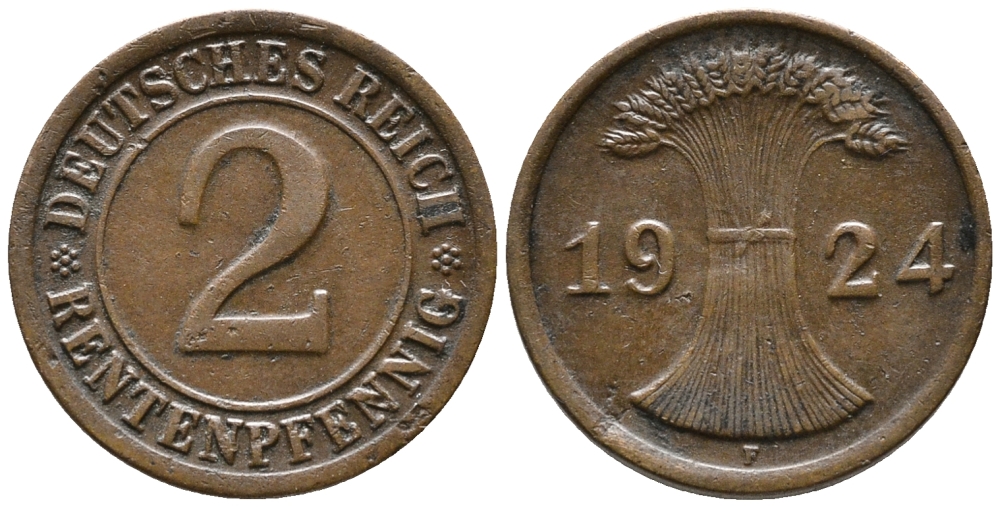 ГЕРМАНИЯ 2 РЕНТЕНПФЕННИГА 1924 F KM 31, J. 307 бронза 24-523