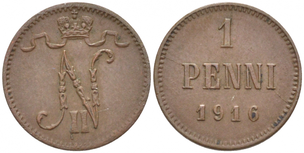 РОССИЯ ДЛЯ ФИНЛЯНДИИ 1 ПЕННИ 1916 НИКОЛАЙ II (1895-1917) KM 13, Биткин 476 медь 211-1045