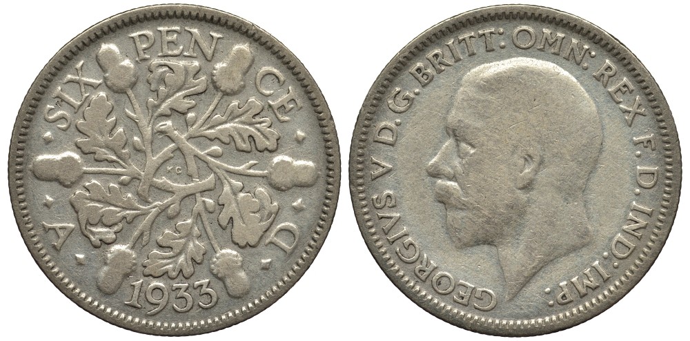 Великобритания 6 пенсов 1933 Георг V (1910-1936) KM 832, Spink 4041 серебро 4538-351