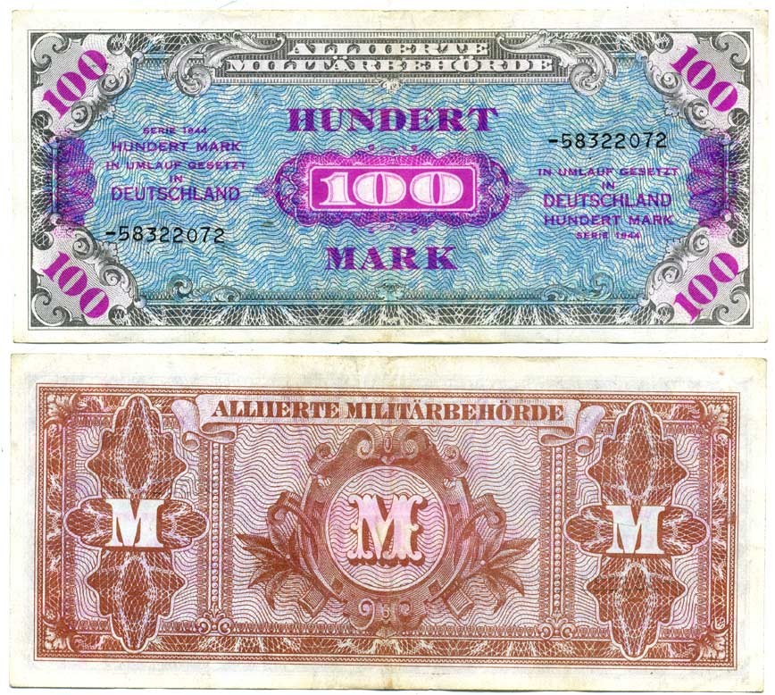 Германия, оккупация союзниками 100 марок 1944 8 цифр, без кода, выпуск СССР Pick 197 d, Розенберг 206 d бумага 7207-37-1