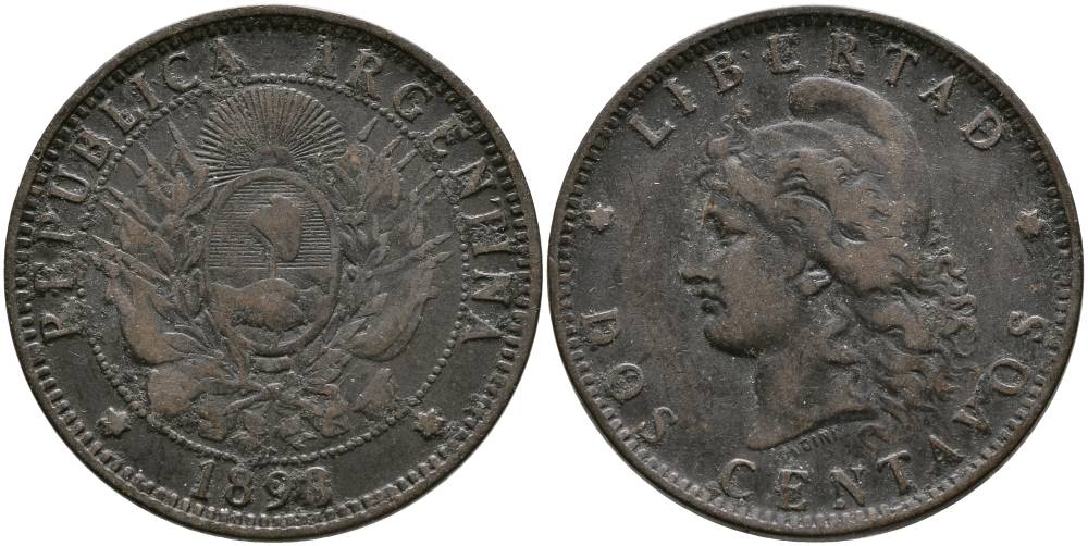Аргентина 2 сентаво 1893 голова свободы влево KM 8 бронза 4531-1133