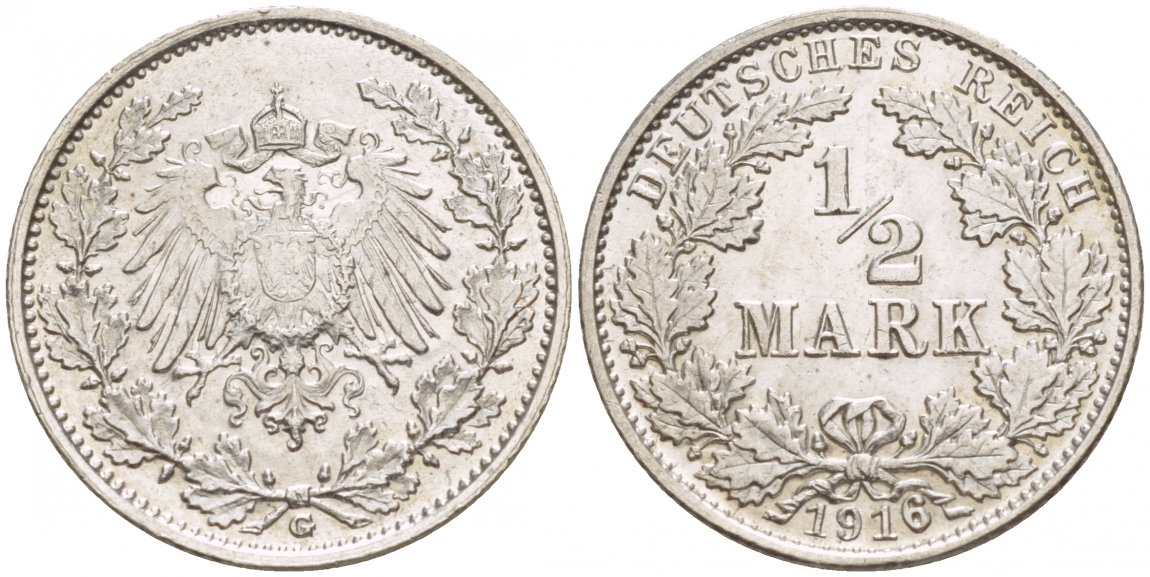 ГЕРМАНИЯ 1/2 МАРКИ 1916 G KM 17 J.16 серебро 4549-768