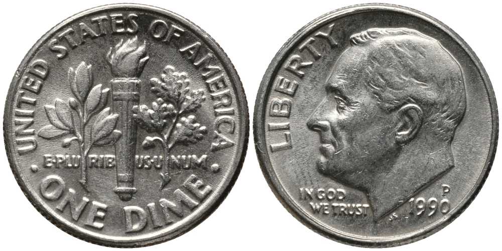 США 10 ЦЕНТОВ = 1 ДАЙМ 1990 Р, РУЗВЕЛЬТ KM 195а медь плакированная медно-никелем 112-646