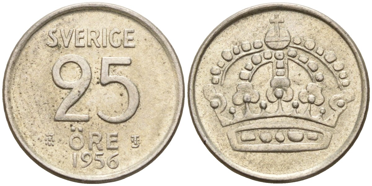 Швеция 25 эре 1956 TS, Густав VI Адольф (1950-1973) KM 824 серебро 4147-1051
