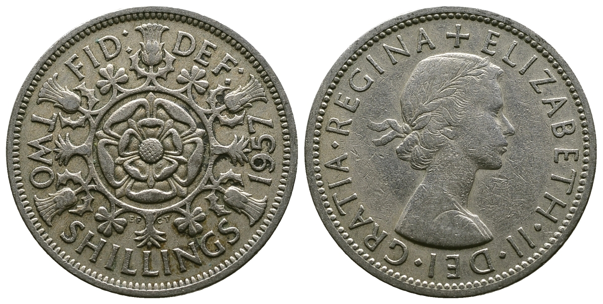 Великобритания 2 шиллинга (флорин) 1957 Елизавета II (1952-2022) KM 906, Spink 4146 медно-никель 4382-121