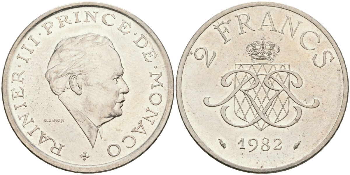 Монако 2 франка 1982 Ренье III (1949-2005) KM 157 никель 08-915