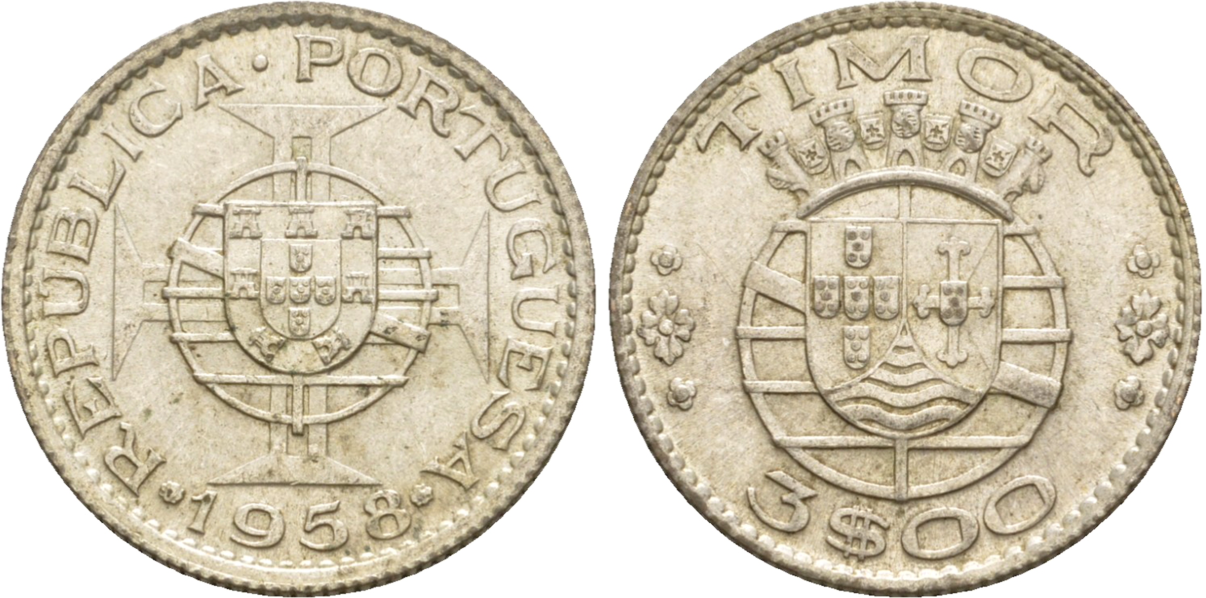 Португальский Тимор 3 эскудо 1958  KM 14 серебро  aUNC 4635-845