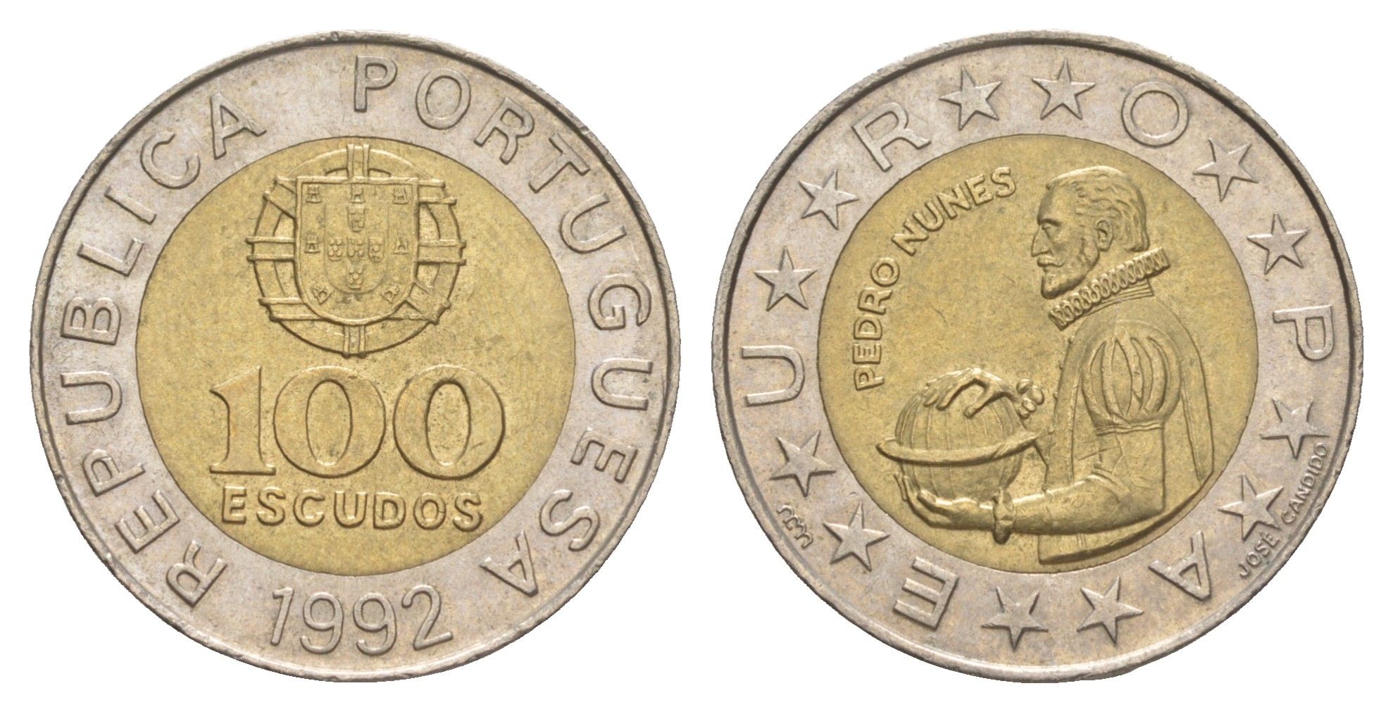 Португалия 100 эскудо 1992 Педру Нуниш (1502-1578), математик KM 645 биметалл UNC 4566-311