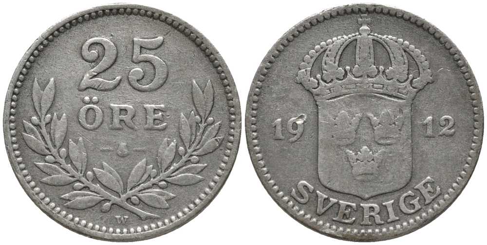 Швеция 25 эре 1912 W, Густав V (1907-1950) КМ 785 серебро 201-1049