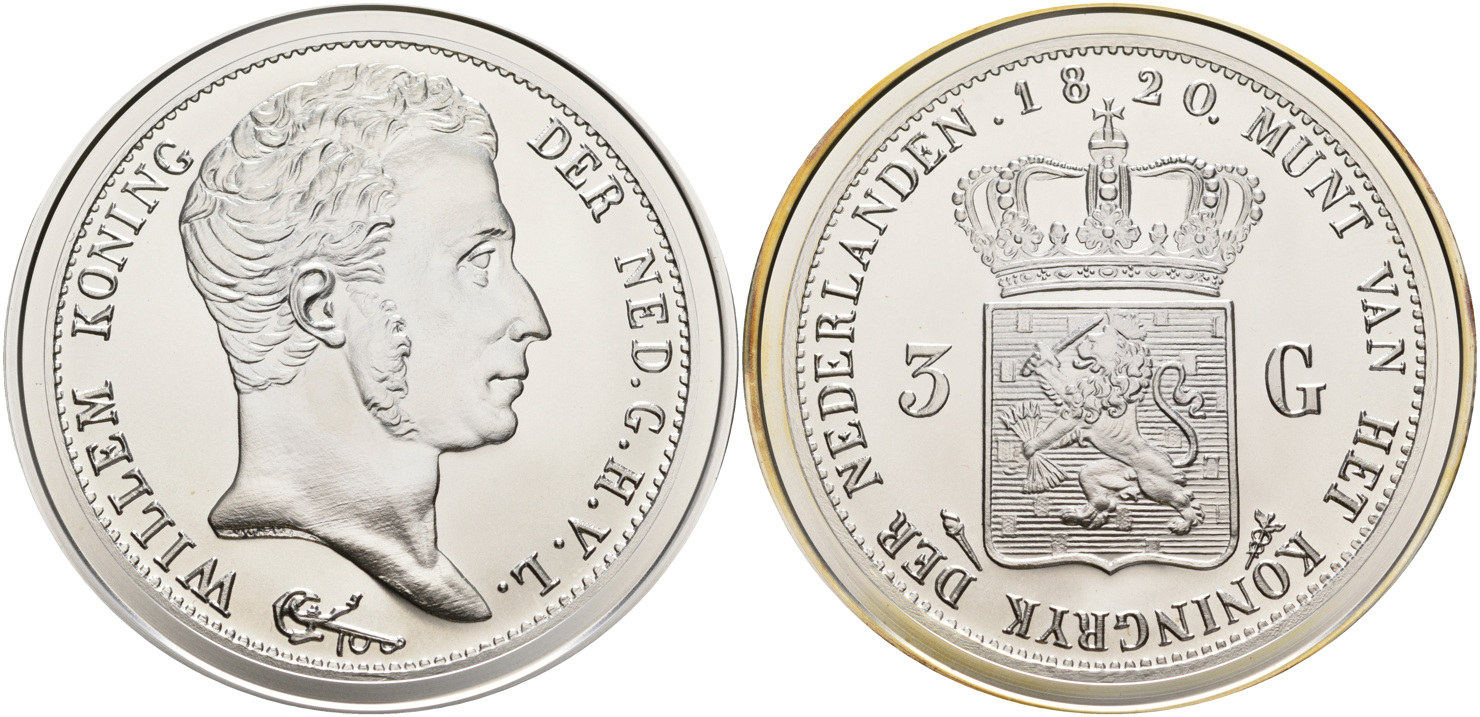 Нидерланды медаль ND серия старинные монеты, Виллем - 3 гульдена 1820  серебро  UNC  00-00