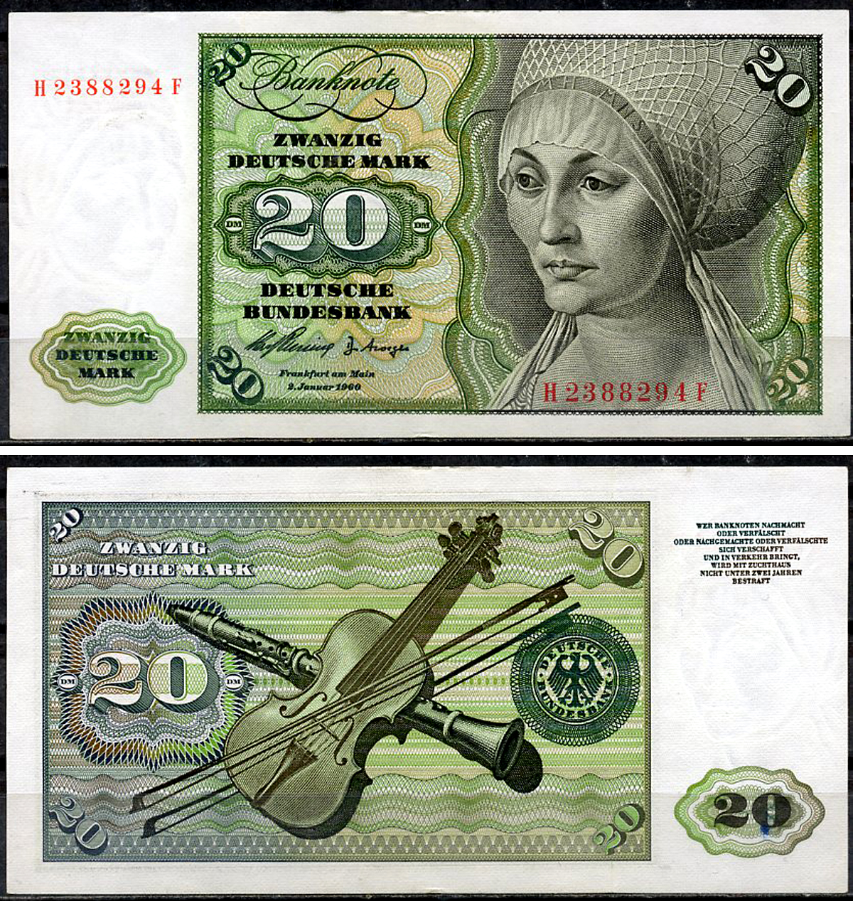 ФРГ 20 марок 1960 Эльсбет Тухер (Альбрехт Дюрер), скрипка, кларнет Pick 20 a  бумага  aUNC 451-915-2