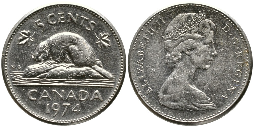 Канада 5 центов 1974 бобр, Елизавета II (1952-) KM 60.1 никель 4543-642
