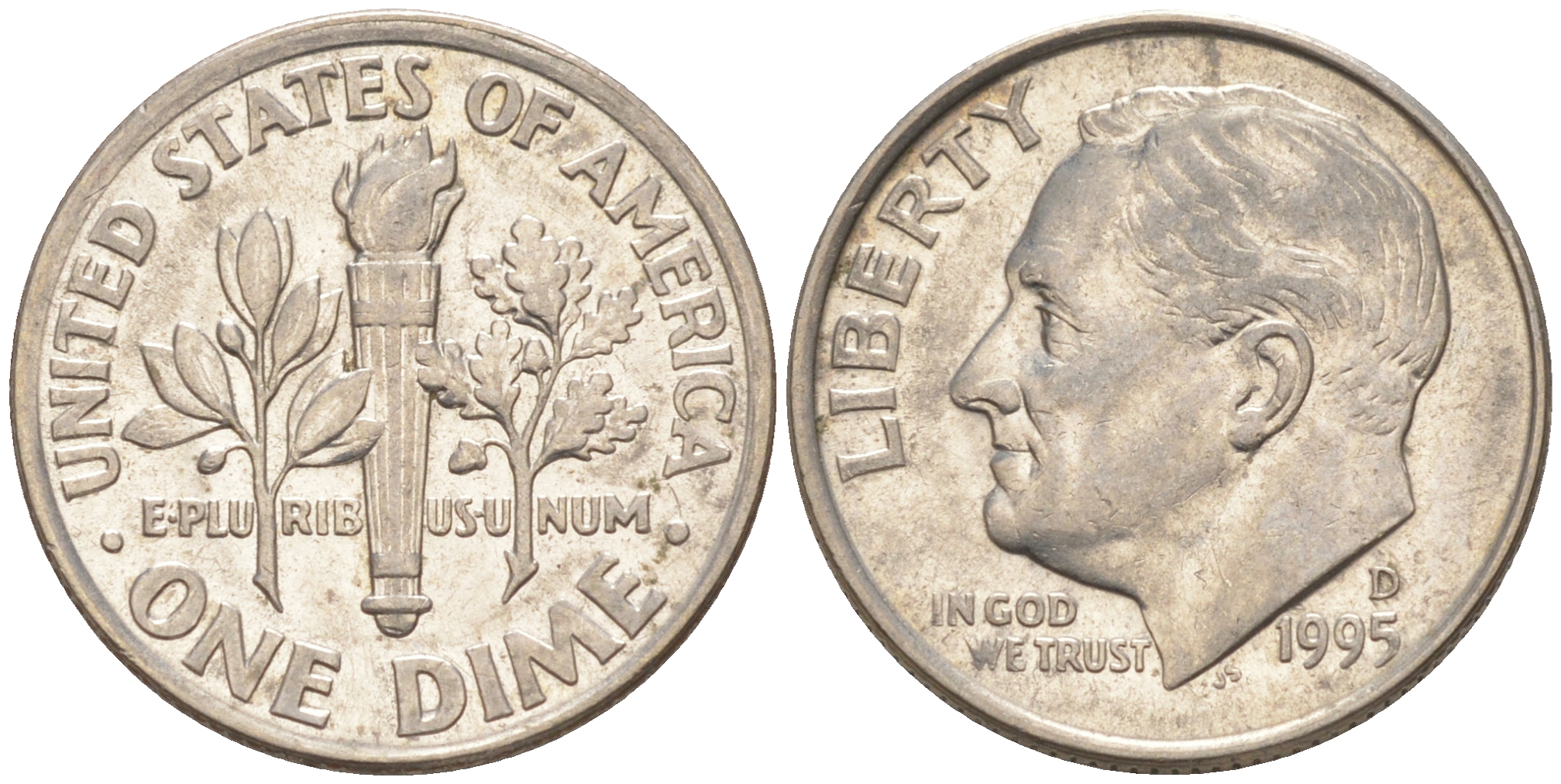 США 10 ЦЕНТОВ = 1 ДАЙМ 1995 D, РУЗВЕЛЬТ KM 195a медь плакированная медно-никелем 187-1115