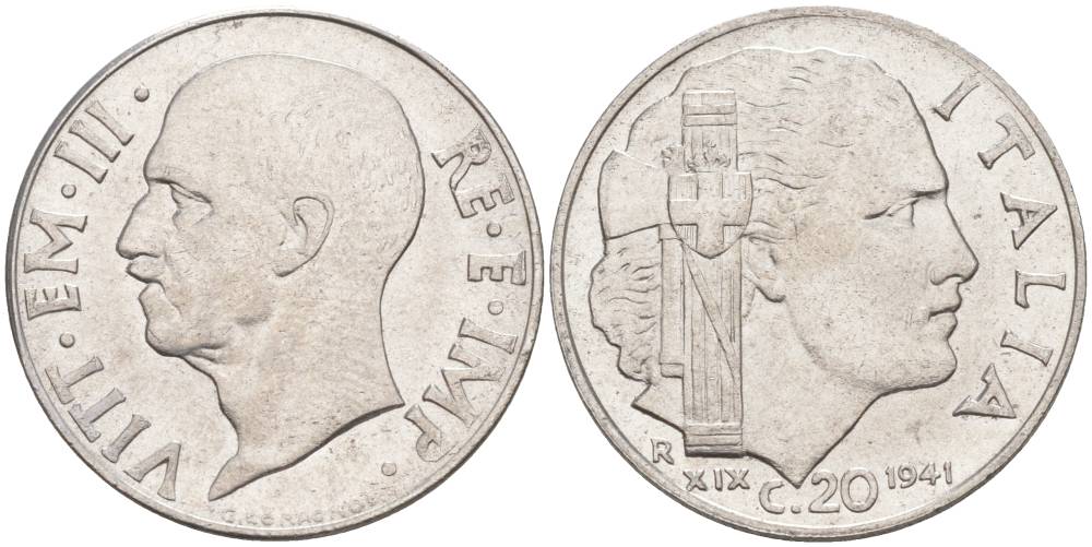 ИТАЛИЯ 20 ЧЕНТЕЗИМО 1941 R, ГОД XIX, ВИКТОР ЭММАНУИЛ III (1900-1946) KM 75b, VEM3. 1028 нержавеющая сталь 3853-555