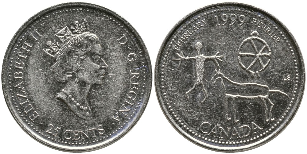 КАНАДА 25 ЦЕНТОВ 1999 СЕРИЯ МИЛЛЕНИУМ, ФЕВРАЛЬ, ЕЛИЗАВЕТА II (1952-), ТРЕТИЙ ПОРТРЕТ В КОРОНЕ KM 343 никель 4543-813