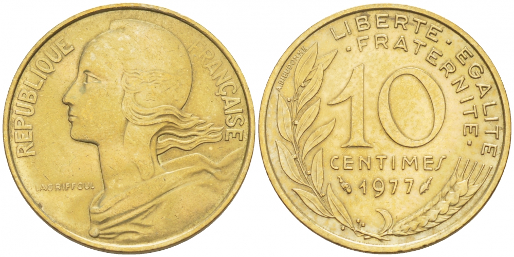 ФРАНЦИЯ 10 САНТИМОВ 1977 ТИП MARIANNE KM 929 медь алюминий никель 110-121
