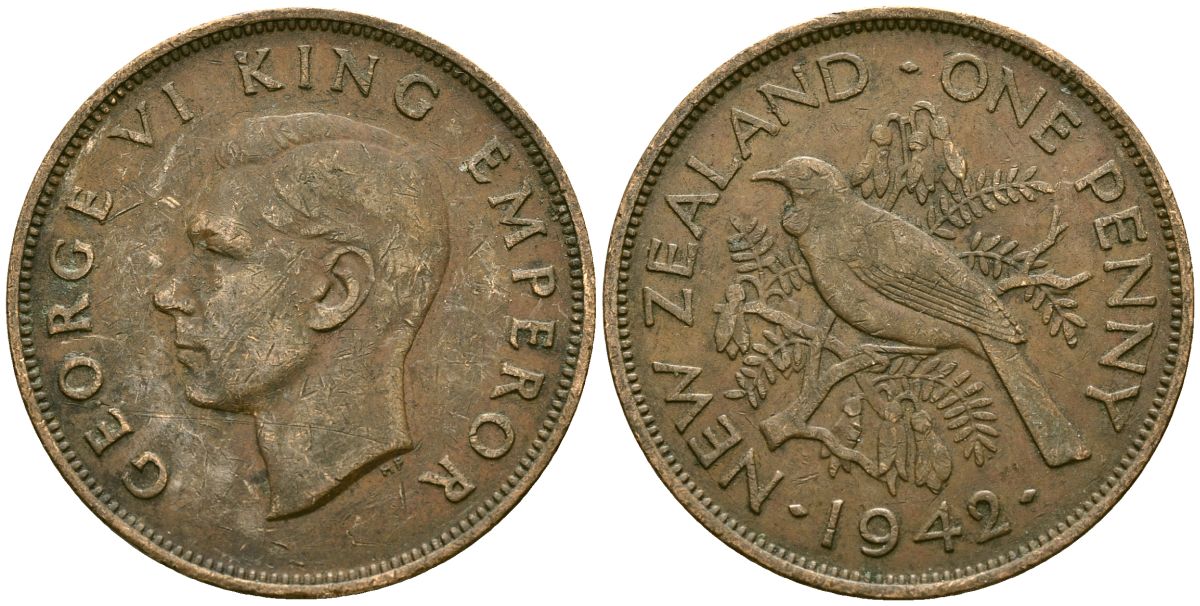 Новая Зеландия 1 пенни 1942 Георг VI (1936-1952), новозеландский туи KM 13 бронза 4165-1211