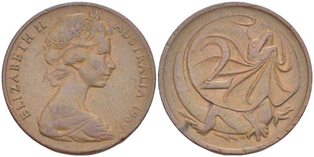 АВСТРАЛИЯ 2 ЦЕНТА 1969 ЕЛИЗАВЕТА II (1953-), ЕЛИЗАВЕТА II, МОЛОДОЙ ПОРТРЕТ, ПЛАЩЕНОСНАЯ ЯЩЕРИЦА (FRILLED LIZARD) KM 63 бронза 4519-435