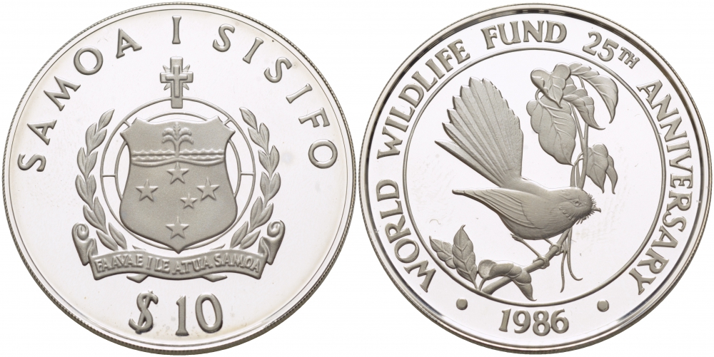 Самоа 10 тала 1986 25 лет WWF, самоанский куриный голубь KM 72 серебро PROOF 1068-5-62