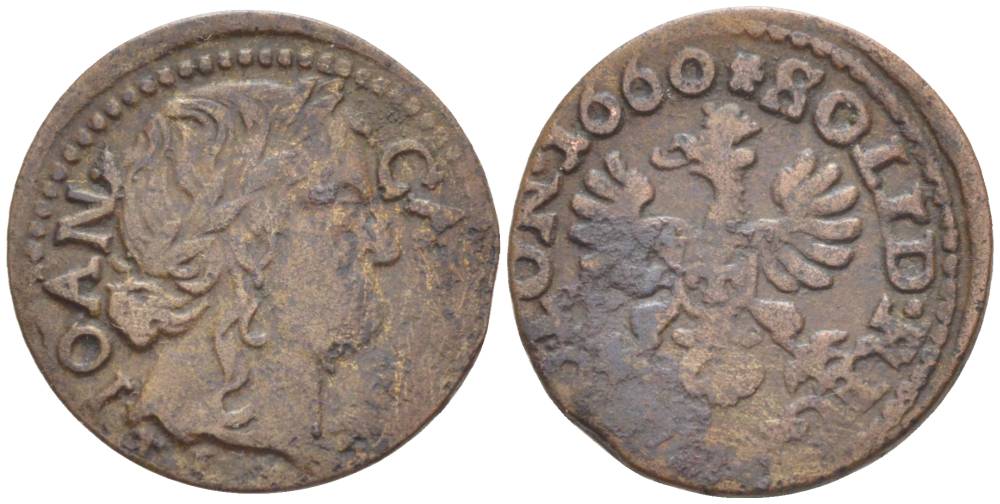 Польша 1 солид (шелаг, шиллинг) 1660 Ян II Казимир Ваза (1649-1668), боратынка, вес 1,42 гр. KM 110 медь 66-212