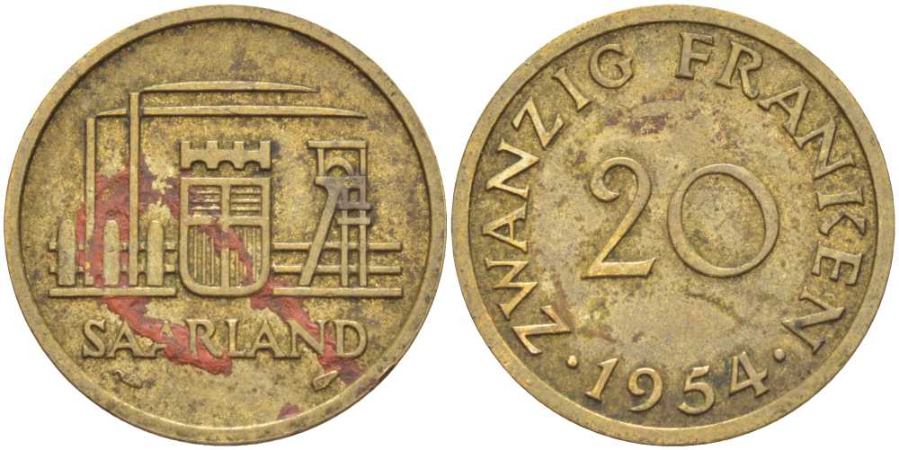 Саарланд 20 франков 1954 KM 2 алюминиевая бронза 259-415
