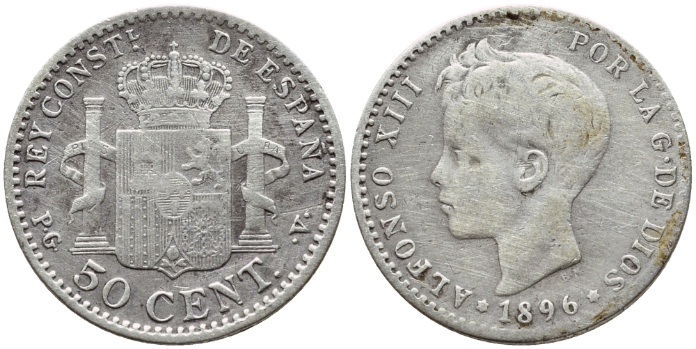 ИСПАНИЯ 50 СЕНТИМО 1896 (96) PG-V, АЛЬФОНСО XIII KM 705 серебро 443-541