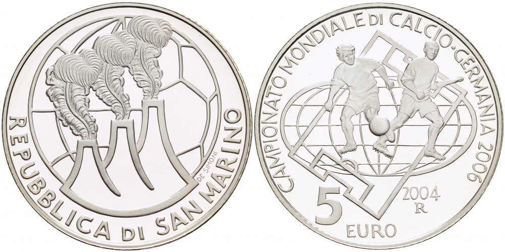 Сан-Марино 5 евро 2004 R, чемпионат мира по футболу в Германии 2006 KM 462 серебро PROOF 1087-3-61